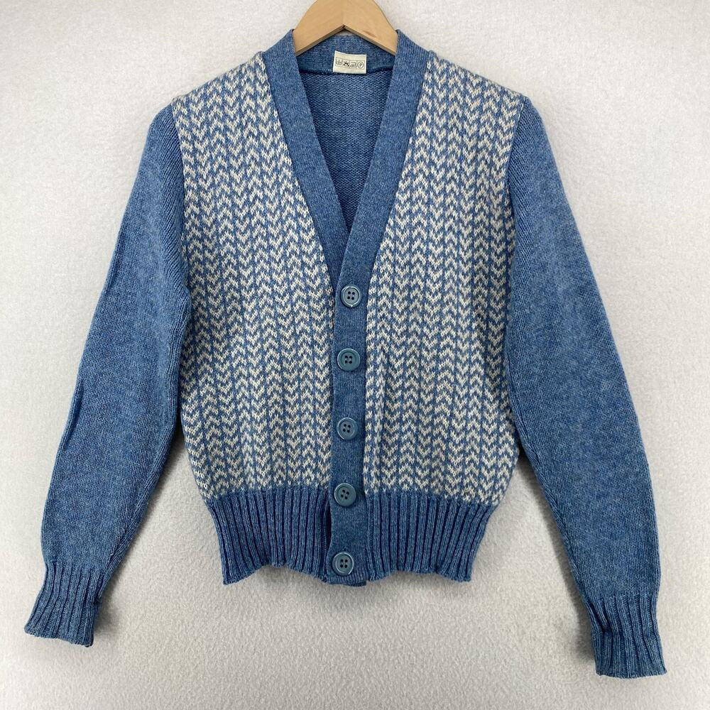 DACRON Sweater Womens M Cardigan Shetland Chevron Button Front Blue ENGLAND Vtg